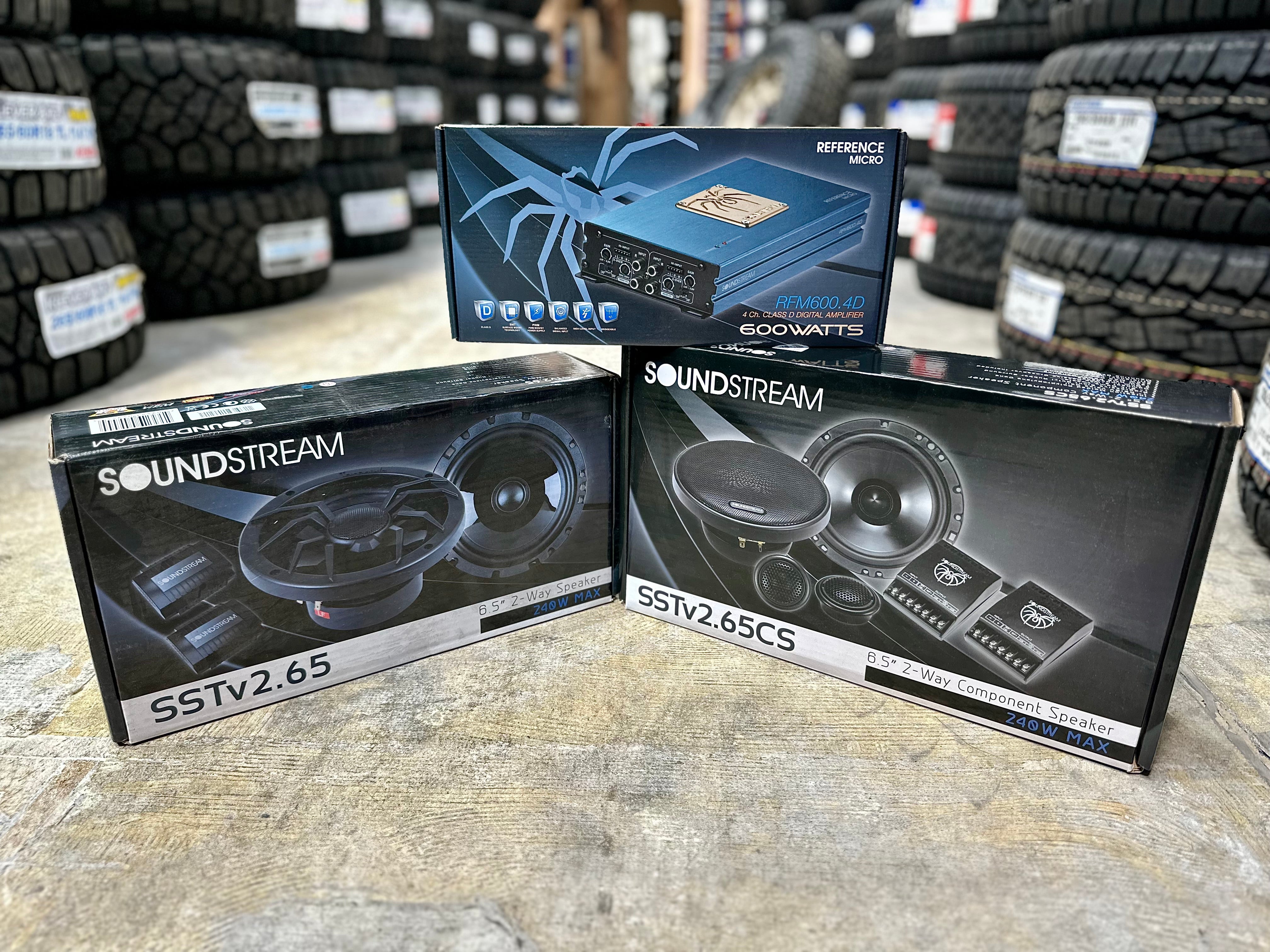 2 X SETS OF SOUNDSTREAM SST SPEAKERS WITH REFERENCE AMP - AMPLIFIED 4 CORNER PACK