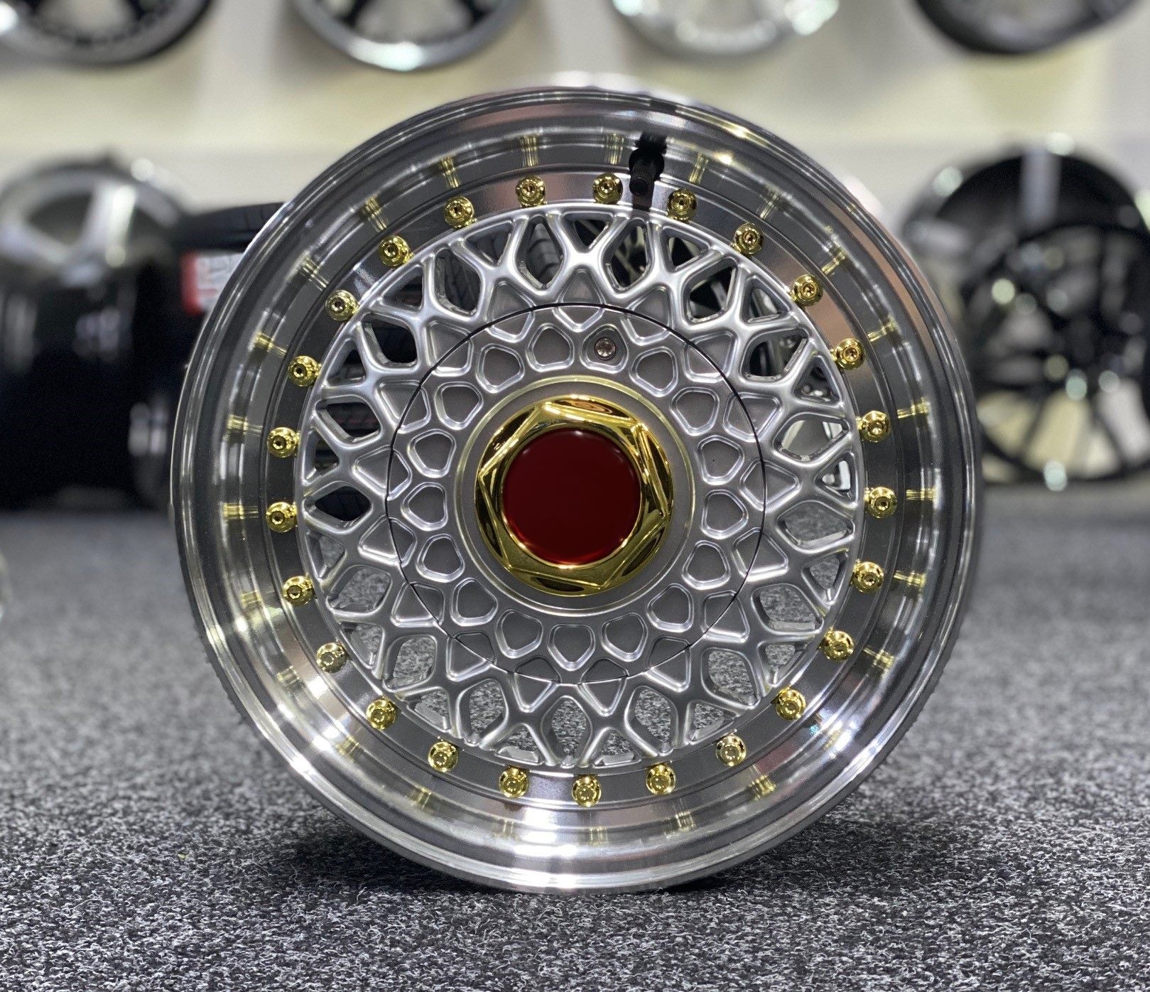 13X6 BASKET WEAVE 4X100 4X108 25P 73.1CB HYPER SILVER MACHINED LIP GOLD RIVETS