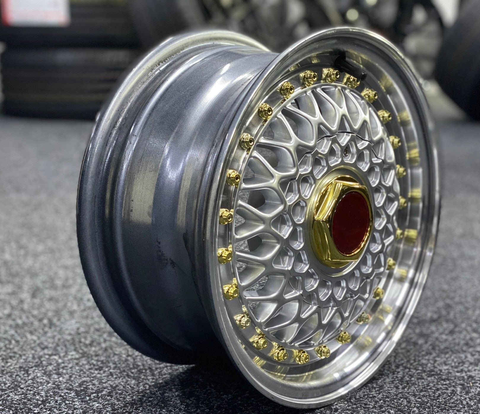 13X6 BASKET WEAVE 4X100 4X108 25P 73.1CB HYPER SILVER MACHINED LIP GOLD RIVETS