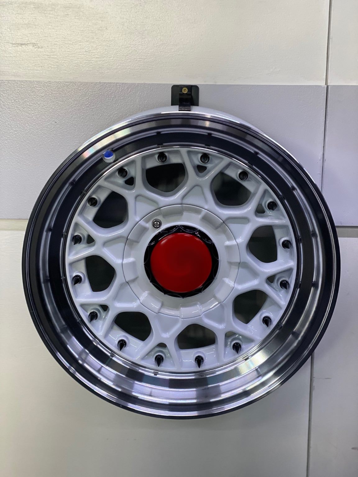 14X6.5 BASKET WEAVE 4X100 4X114.3 0P WHITE WITH SILVER MACHINE LIP BLACK RIVETS