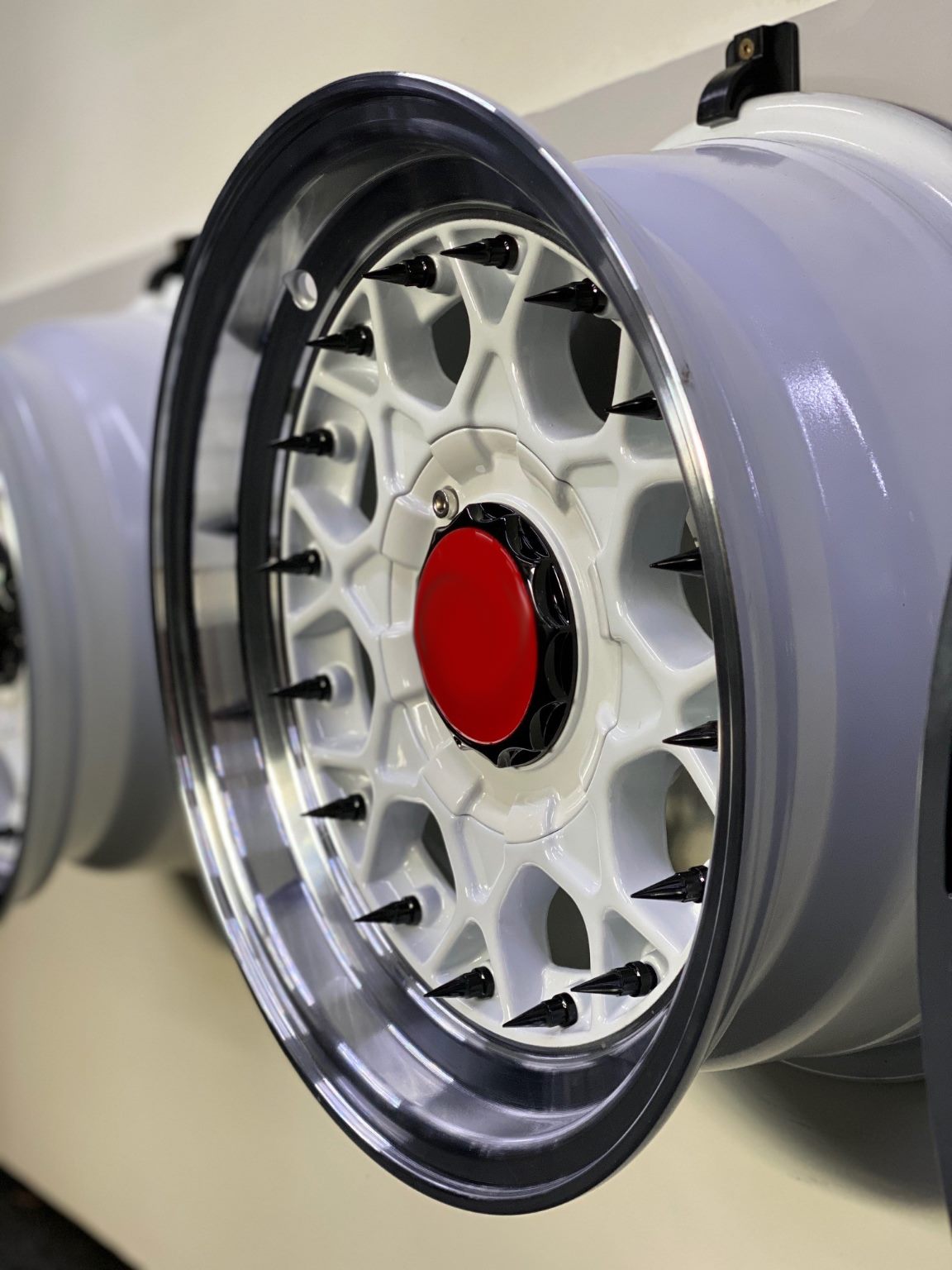 14X6.5 BASKET WEAVE 4X100 4X114.3 0P WHITE WITH SILVER MACHINE LIP BLACK RIVETS