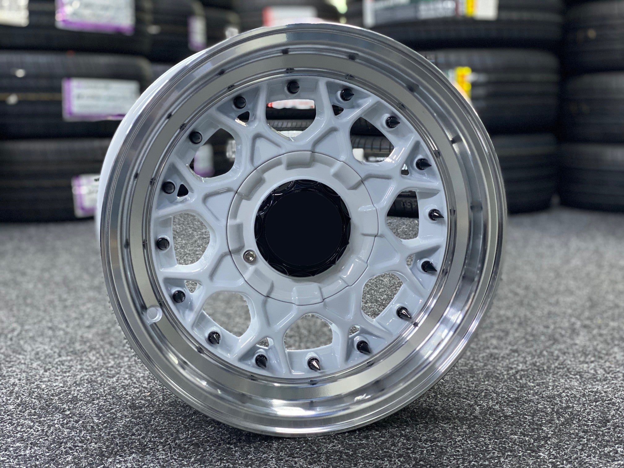 14X7 BASKET WEAVE 4X100 4X108 15P WHITE CENTRE SILVER MACHINE LIP BLACK RIVETS