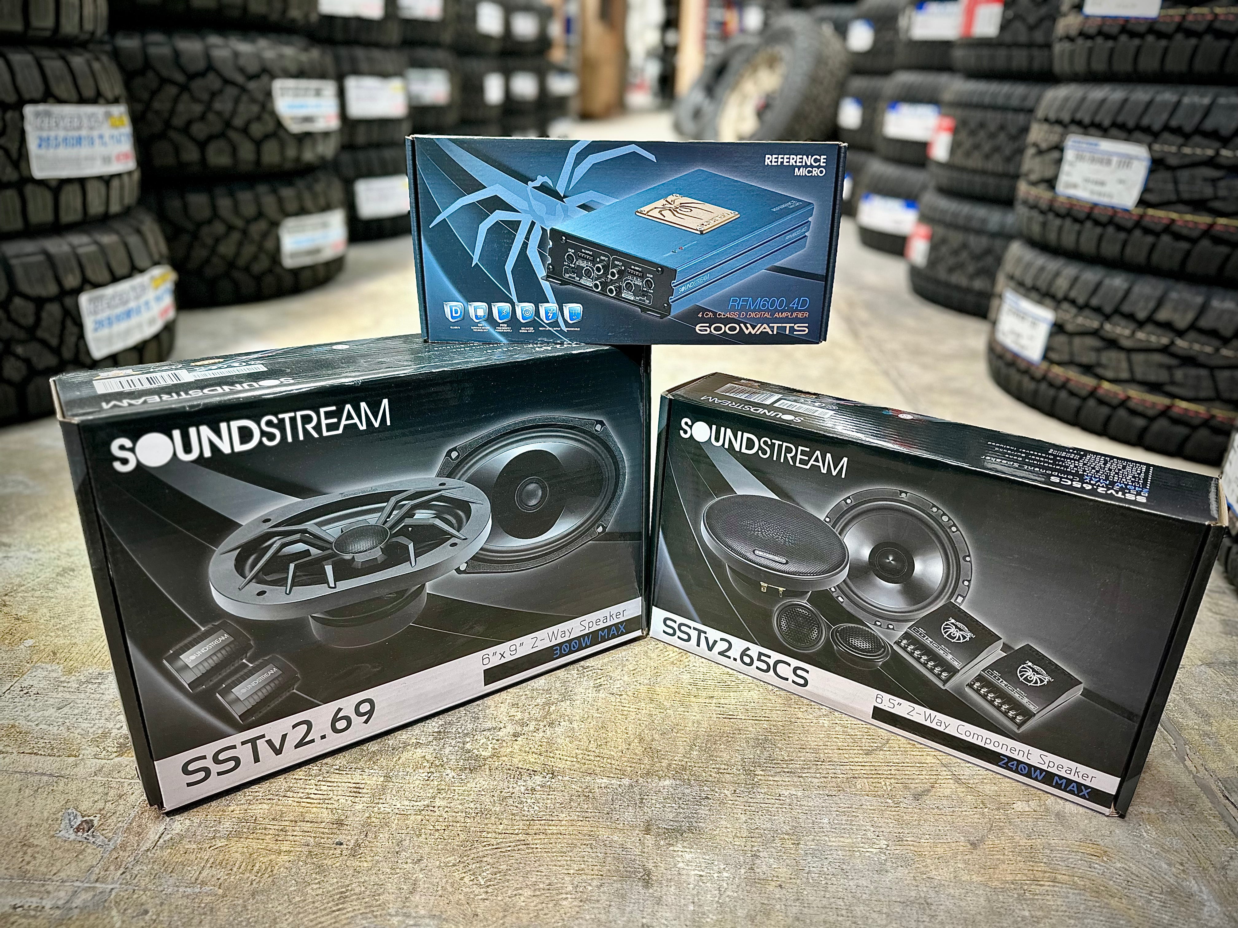 2 X SETS OF SOUNDSTREAM SST SPEAKERS WITH REFERENCE AMP - AMPLIFIED 4 CORNER PACK
